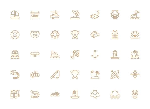 Ocean Icon Set with 35 Regular Clean Line Graphics Icon Pack for UI vector