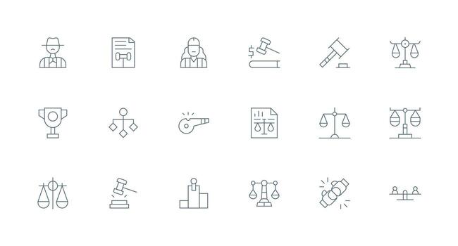 Judgement Icon Set with 18 Minimal Line Graphics All-Purpose Icon Design Pack vector