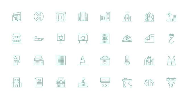 Building Icon Set with 32 Thin Line Graphics Organized Icon Pack for Quick Access vector