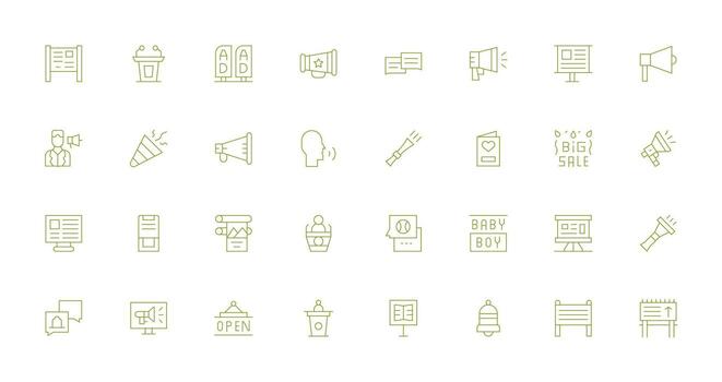 Announcement Icon Set with 32 Thin Line Graphics Neat Icon Set vector