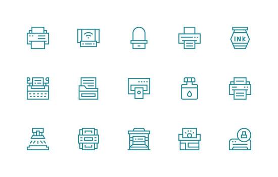Printer Icon Collection with 15 Regular Line Designs Dashboard Icon Series vector