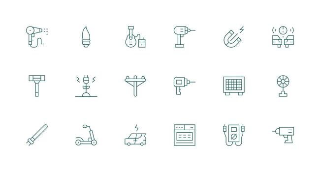 Electric Design Icons featuring 18 in Minimal Line Style Multi-Style Icons for Creative Projects vector