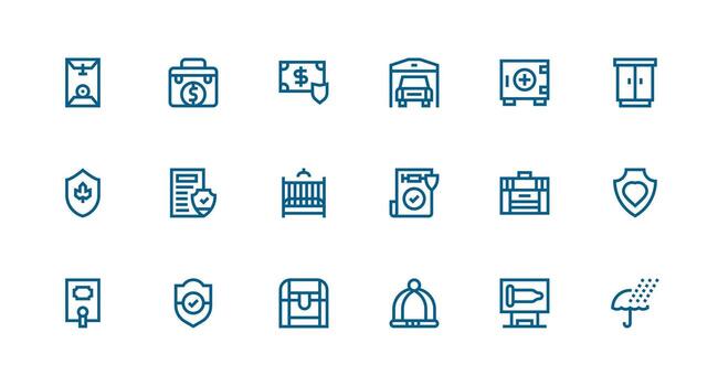 18 íconos para seguro en fuerte carrera línea formato completar icono conjunto para móvil aplicaciones vector