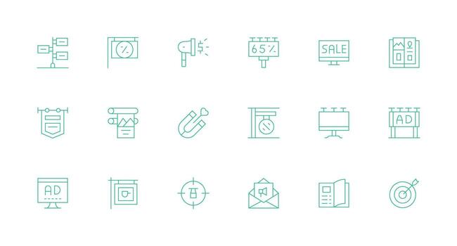 Advertising Design Icons featuring 18 in Minimal Line Style Neatly Designed Icons for Web Platforms vector