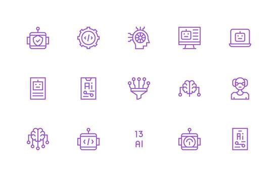 Machine Learning featuring 15 Icons in Regular Line Design Simplified Icon Pack for Visual Tools vector
