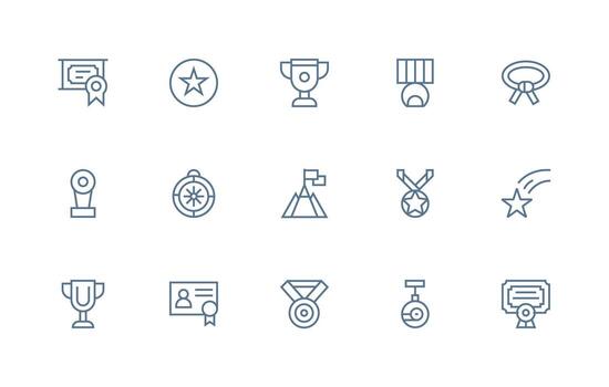Accomplishment Design Icons featuring 15 in Regular Line Style Fully Editable Icon Set for Web vector