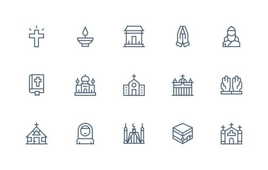Worship Design Icons featuring 15 in Regular Line Style Multi-Purpose Icon Set vector