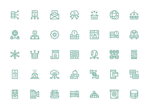 servidor icono colección con 35 regular limpiar línea diseños icono conjunto para aplicaciones vector