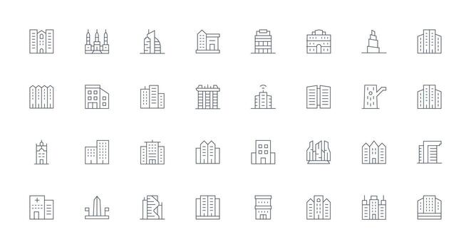 HighRise Design Icons featuring 32 in Thin Line Style Editable Icon Collection vector