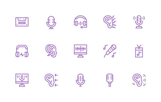Sound Recording Design Icons featuring 15 in Regular Line Style Interface Icon Collection vector