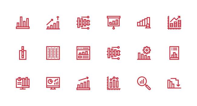 Bar Graph Visual Pack containing 18 Strong Stroke Line Icons Icon Set for Web vector