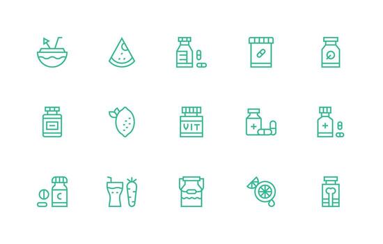 Regular Line Style Vitamin Icons with 15 Vectors Complete Icon Bundle for Web Design