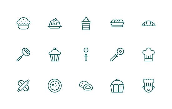 Pastry Icon Set with 15 Regular Line Graphics All-Purpose Icon Design Pack vector