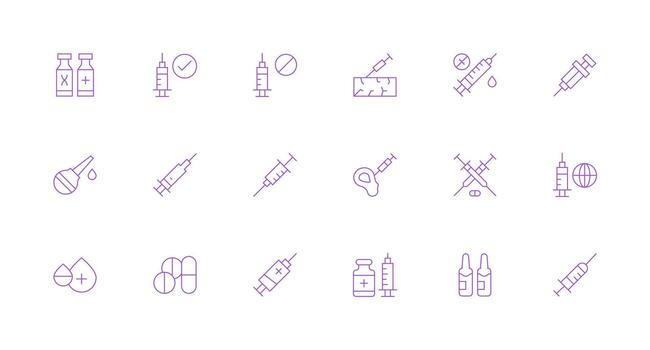 Syringe Icon Set with 18 Minimal Line Graphics Essential Icon Collection vector