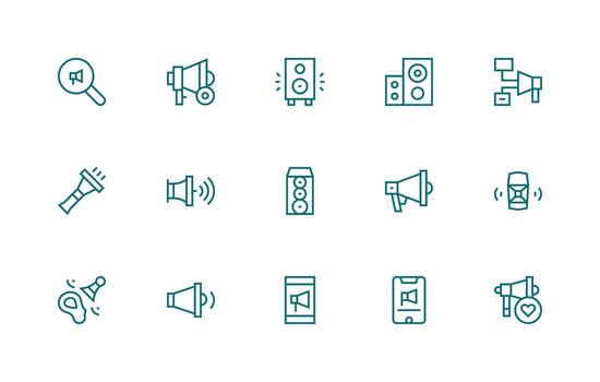Loudspeaker featuring 15 Icons in Regular Line Design Essential Icon Set for Teams vector