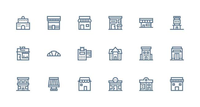 Storefront Design Icons featuring 18 in Strong Stroke Line Style Icon Set for Web vector
