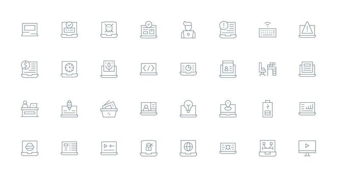 Laptop Icon Collection with 32 Thin Line Designs Neatly Designed Icons for Web Platforms vector