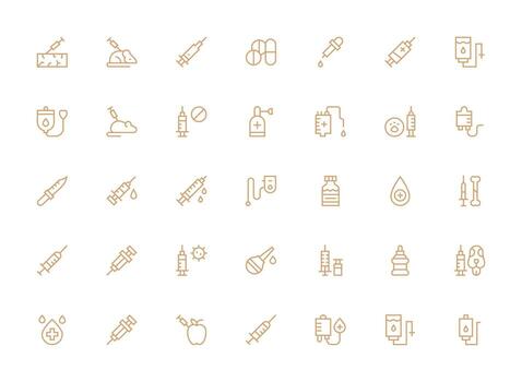 Injection including 35 Regular Clean Line Illustrations User Interface Icons for Digital Products vector