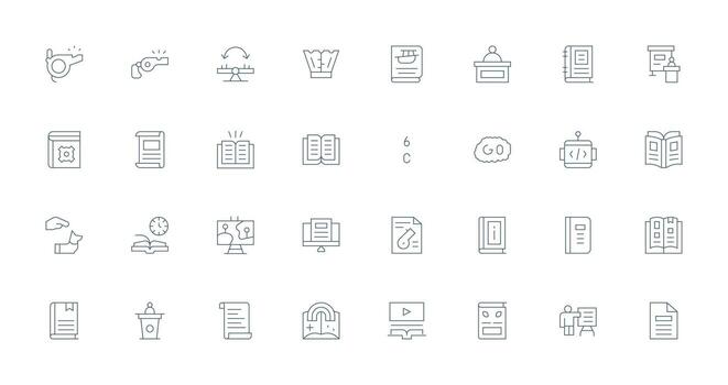 instrucción icono conjunto con 32 Delgado línea gráficos núcleo icono colección para diario Tareas vector