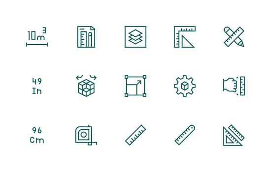 Dimension Design Icons featuring 15 in Regular Line Style User Interface Icons for Digital Products vector