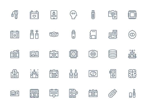 Memory Design Icons featuring 35 in Regular Clean Line Style Minimal Icon Set for Interface Projects vector