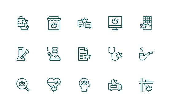 Cannabis Icon Set with 15 Regular Line Graphics Modern Line and Glyph Icon Series vector