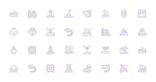 32 Delgado línea vectores para Oceano tema mínimo icono conjunto para interfaz proyectos