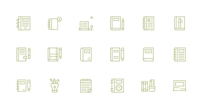 18 cuaderno íconos en mínimo línea estético personalizable icono serie para móvil pantallas vector