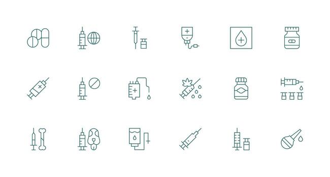 Injection Visual Pack containing 18 Minimal Line Icons Well-Structured Icons for Creative Use vector