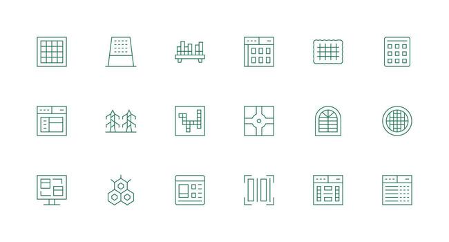 Grid including 18 Minimal Line Illustrations Quick Access Icons for UI Development vector