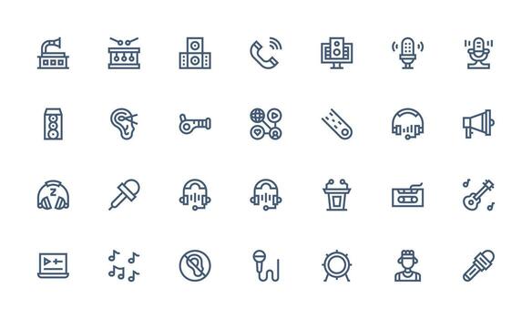 audio conjunto con 28 negrita línea íconos simplificado icono paquete para visual herramientas vector