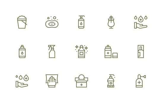 desinfectante icono conjunto con 15 regular línea gráficos simplificado icono paquete para visual herramientas vector