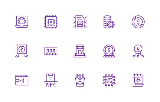 Chip Design Icons featuring 15 in Regular Line Style Multi-Purpose Icon Set vector