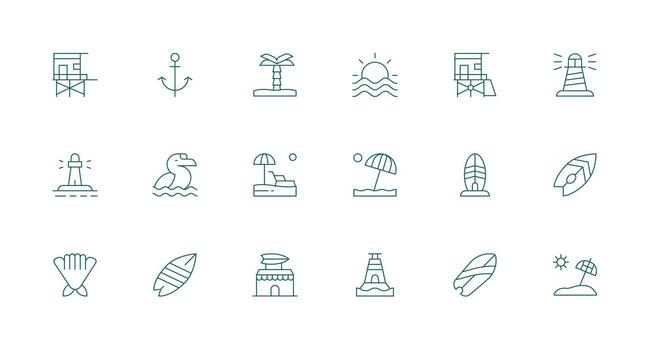 18 Minimal Line Style Icons from Coastal Collection Well-Structured Icons for Creative Use vector