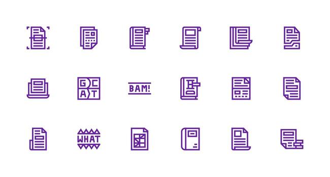 Word Design Icons featuring 18 in Strong Stroke Line Style Core Icon Collection for Daily Tasks vector