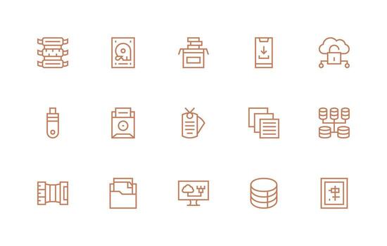 Data Storage Design Icons featuring 15 in Regular Line Style Interface Icon Collection vector