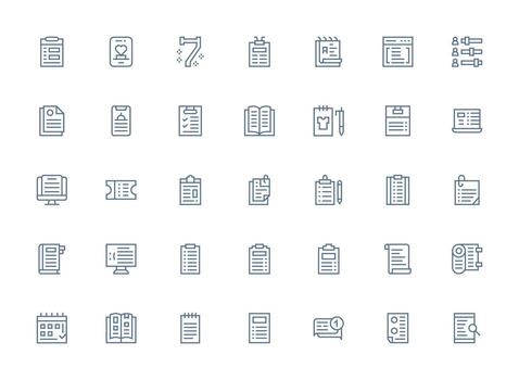 lista icono conjunto con 35 regular limpiar línea gráficos moderno línea y glifo icono serie vector