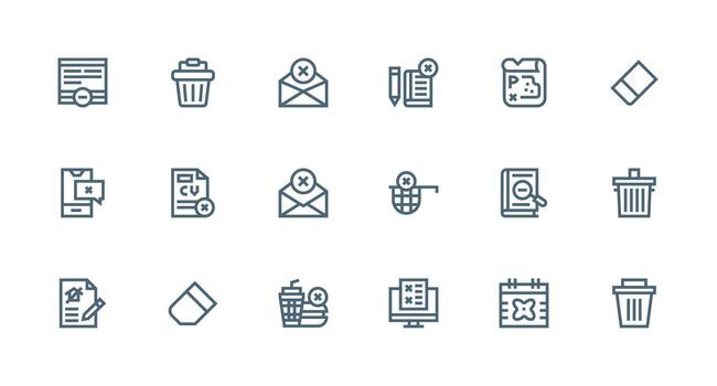 Delete Design Icons featuring 18 in Strong Stroke Line Style Balanced Icon Set for Functional Design vector