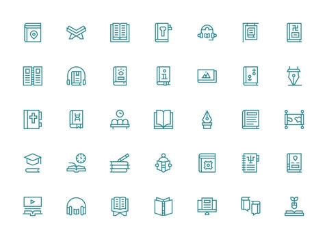 35 Book Icons in Regular Clean Line Aesthetic Simple Icons for Interface and Wireframes vector
