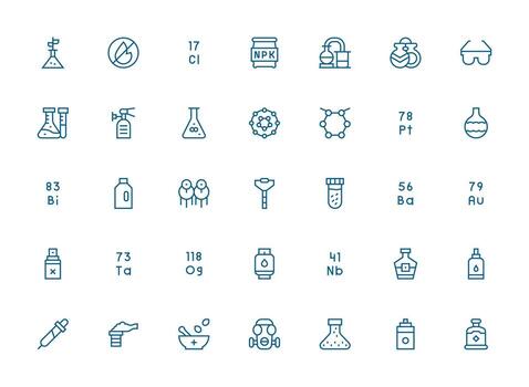 Regular Clean Line Style Chemical Icons with 35 Vectors Responsive Icon Set for Flexible Layouts