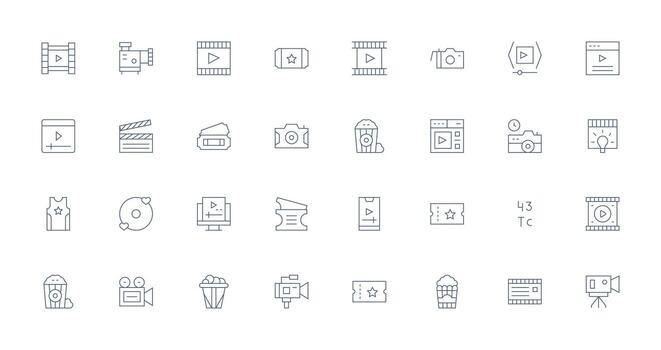 32 Delgado línea estilo íconos desde película colección sensible icono conjunto para flexible diseños vector