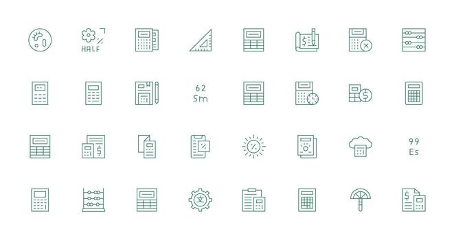 32 Thin Line Style Icons from Calculation Collection Responsive Icon Set for Flexible Layouts vector