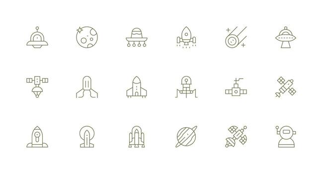 Spacecraft Icon Set with 18 Minimal Line Graphics Detailed Icon Collection for Design Systems vector