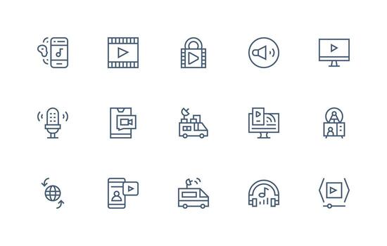 Streaming Icon Collection with 15 Regular Line Designs All Device Compatible Icon Set vector