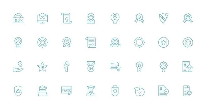 Certificación conjunto con 32 Delgado línea íconos icono conjunto para proyectos vector