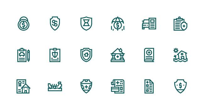 Insurance Design Icons featuring 18 in Strong Stroke Line Style Icons Built for Visual Consistency Pack vector