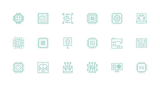 18 Processor Icons in Minimal Line Aesthetic Complete Icon Set for Mobile Apps vector
