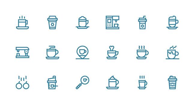Strong Stroke Line Style Cappuccino Icons with 18 Vectors Balanced Icon Set for Functional Design