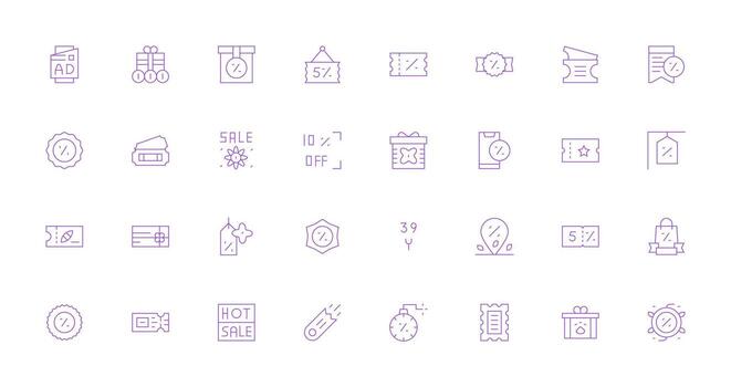 cupón icono conjunto con 32 Delgado línea gráficos flexible icono sistema para web interfaces vector