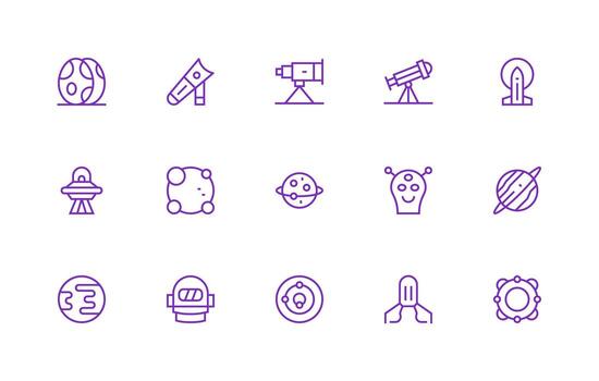Galaxy Design Icons featuring 15 in Regular Line Style Customizable Icon Series for Mobile Screens vector